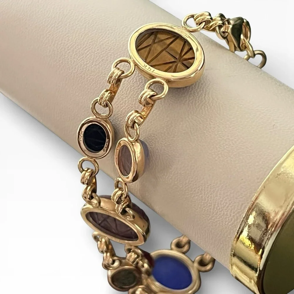 Vintage Carla 14k Yellow Gold Two Strands Multi Gemstone 10 Scarab Bracelet 7